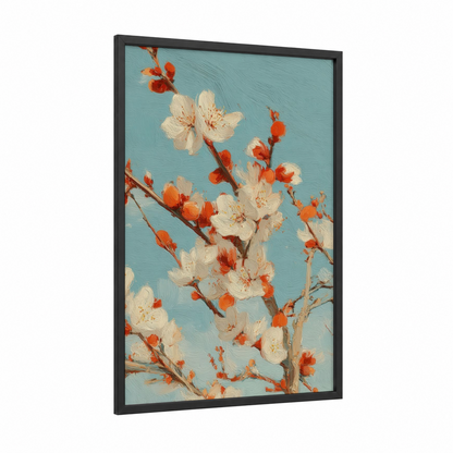 Blossoming Fruit Tree framed art print — black wood frame — turquoise and peach palette