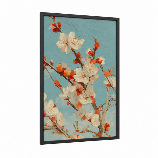 Blossoming Fruit Tree framed art print — black wood frame — turquoise and peach palette
