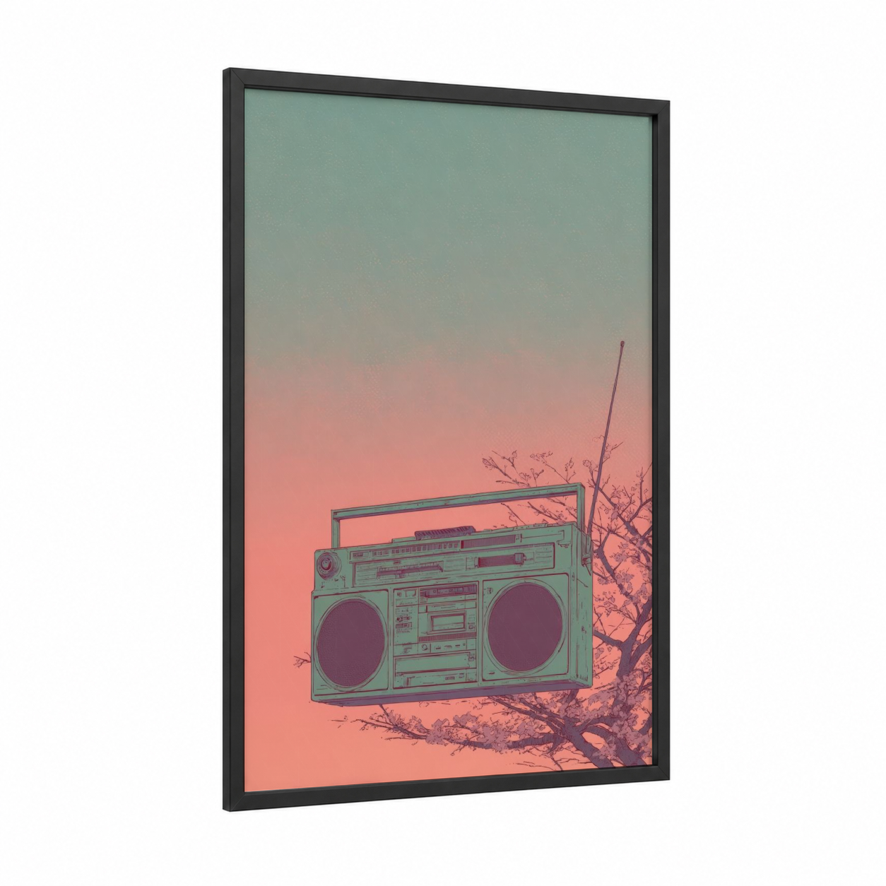 Retro Boombox Sunset framed art print — black wood frame — teal and salmon pink palette