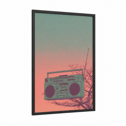 Retro Boombox Sunset framed art print — black wood frame — teal and salmon pink palette