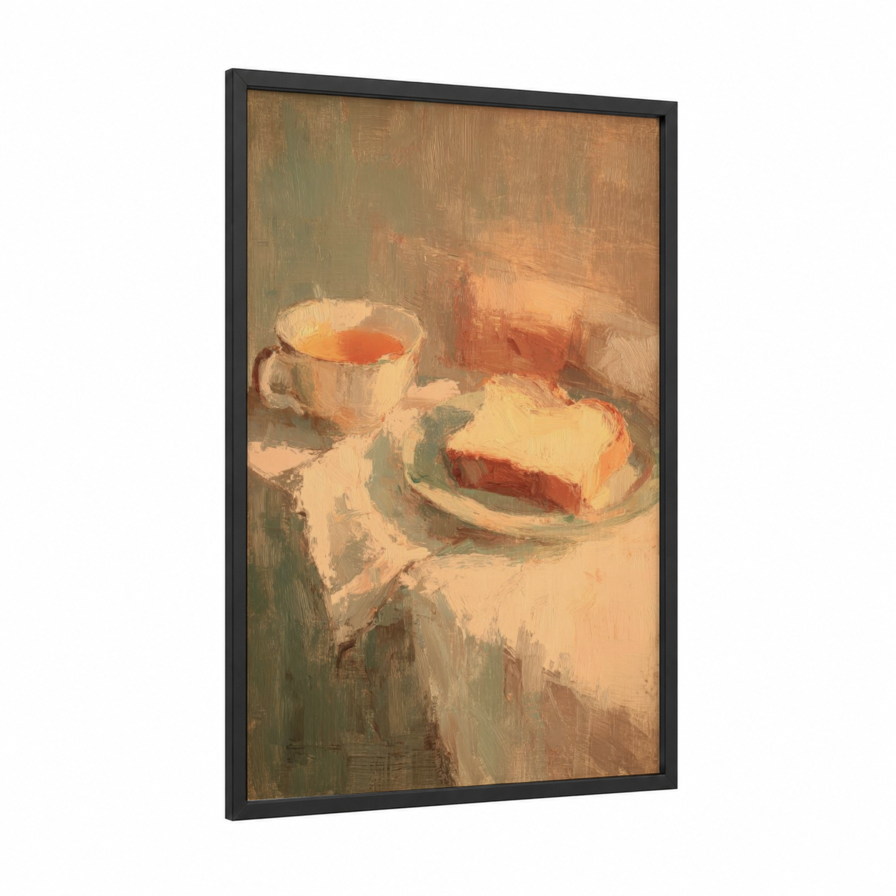 Warm Breakfast Light framed art print — black wood frame — peach and cream palette