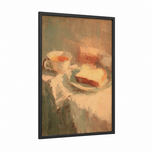 Warm Breakfast Light framed art print — black wood frame — peach and cream palette