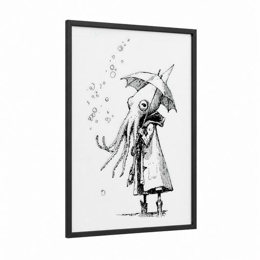 Umbrella Squid framed art print — black wood frame — black and white palette