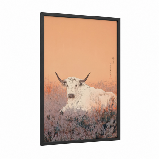 Highland Misty Dawn framed highland cow print — black wood frame — peach and cream palette