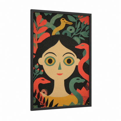 Garden Medusa framed art print — black wood frame — black and gold and red palette
