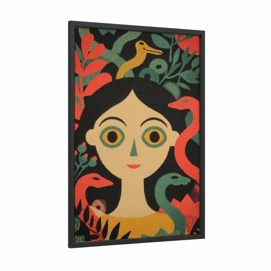 Garden Medusa framed art print — black wood frame — black and gold and red palette