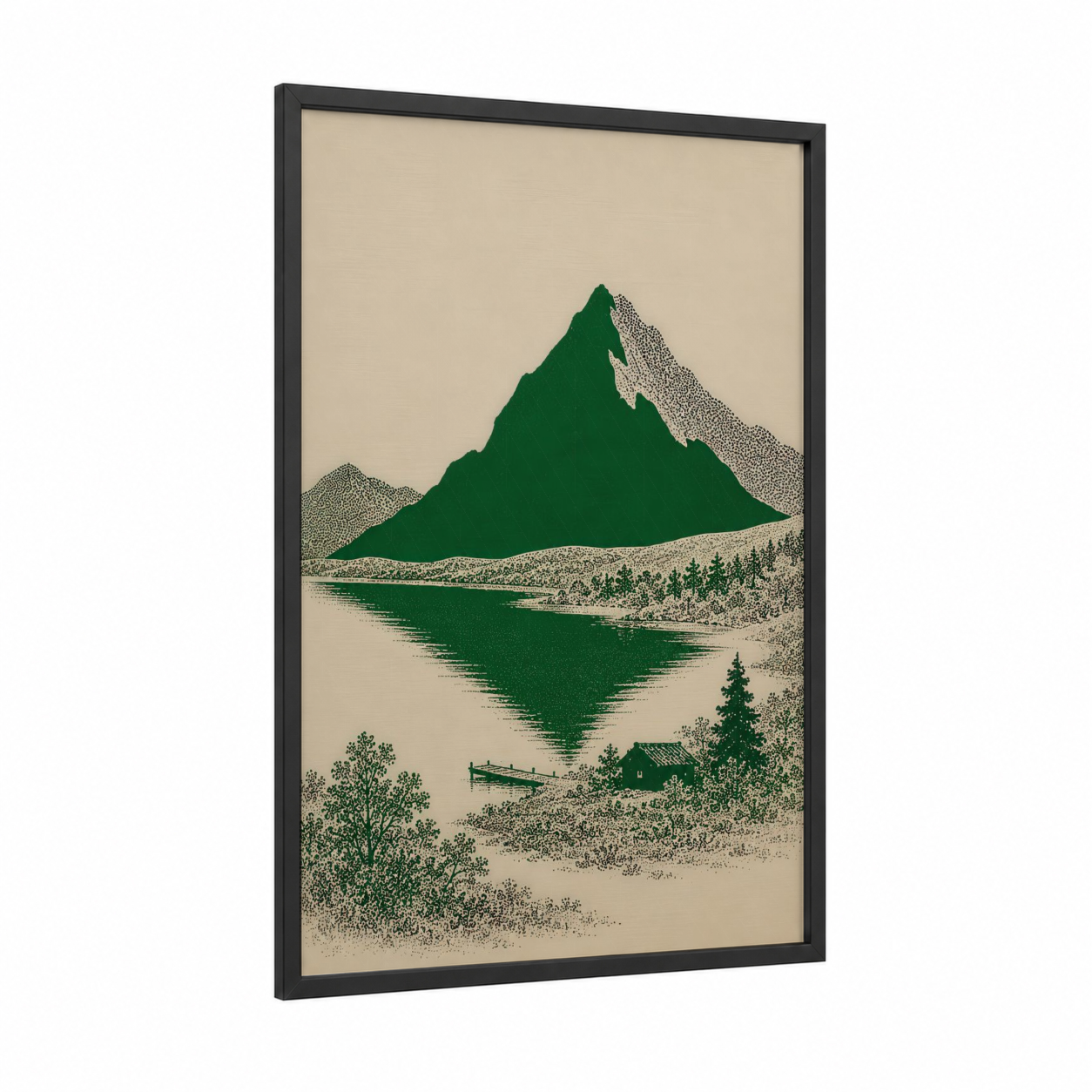 Alpine Lake Reflection Wall Art framed mountain print — black wood frame — true green and beige palette