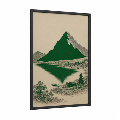 Alpine Lake Reflection Wall Art framed mountain print — black wood frame — true green and beige palette
