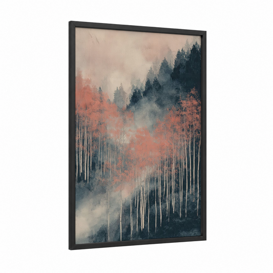 Misty Aspen Forest framed art print — black wood frame — dove gray and salmon pink palette