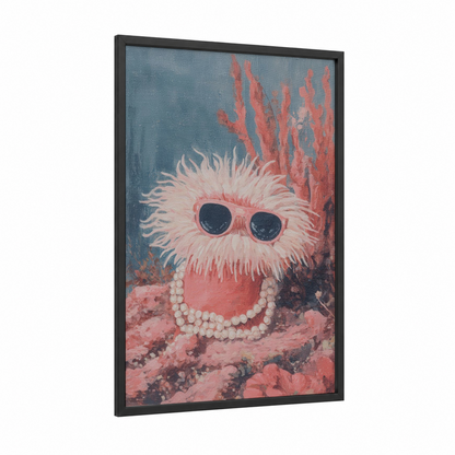 Glamorous Anemone framed sea anemone print — black wood frame — pink and blue and gray palette