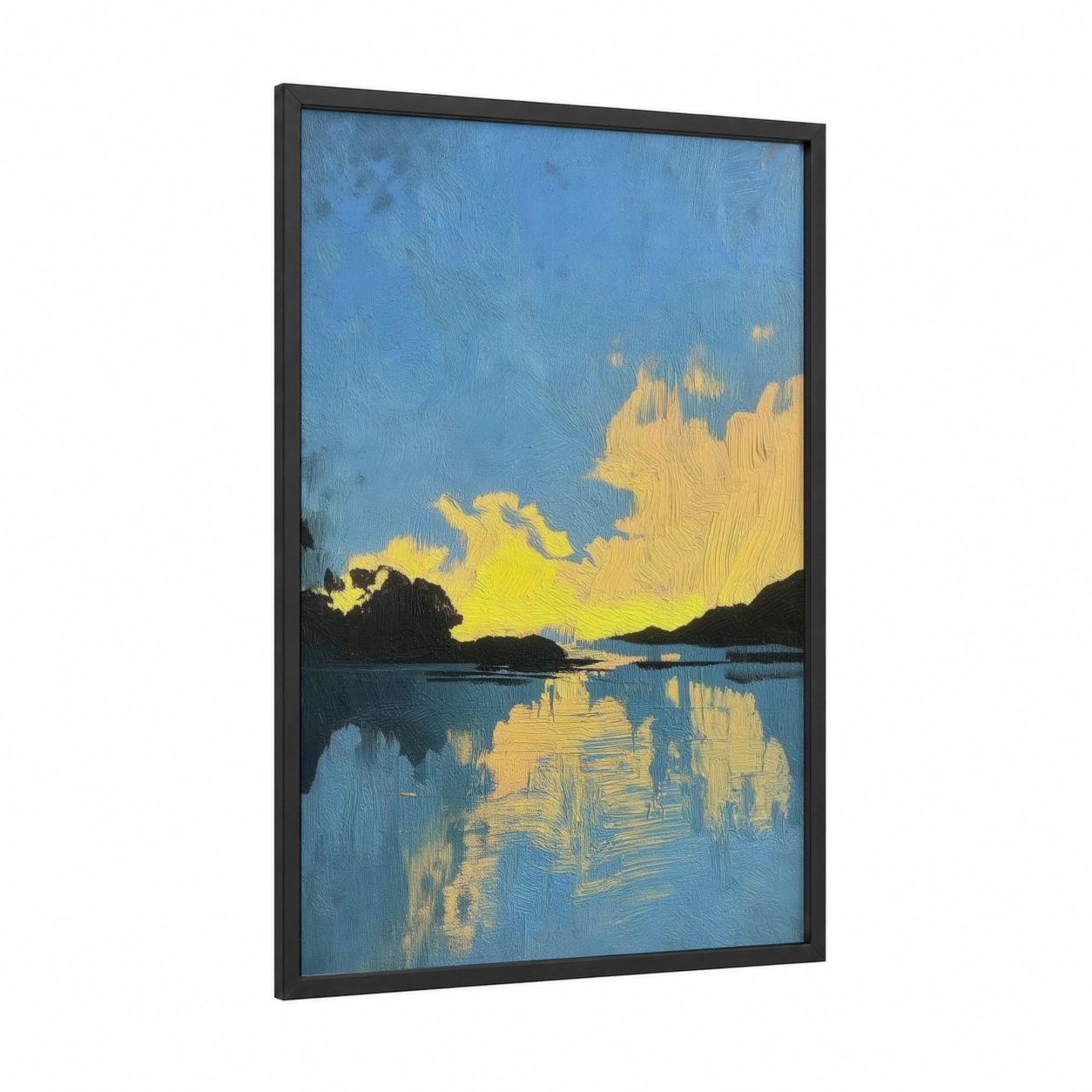 Golden Sunset Reflection framed abstract classic print — black wood frame — blue and yellow gold palette