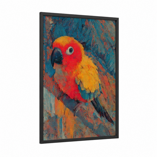 Scarlet Macaw Portrait framed safari parrots print — black wood frame — red and gold palette