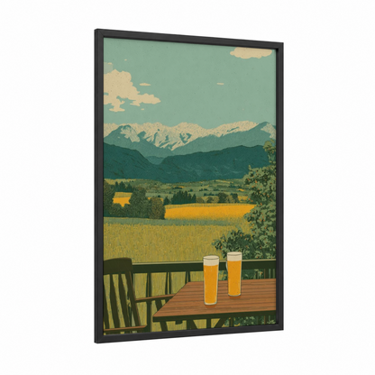 Mountain View Beer framed art print — black wood frame — light green and mustard palette