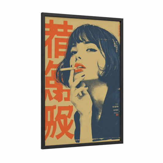 Cigarette Reverie framed vintage japanese ads print — black wood frame — cream and dark blue palette