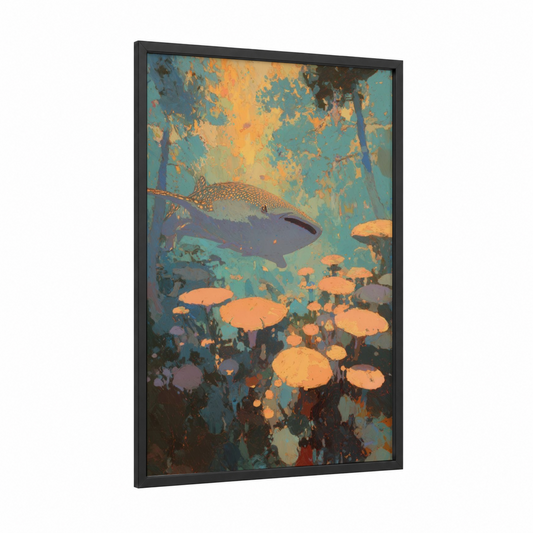 Golden Whale Shark framed art print — black wood frame — gold and teal palette