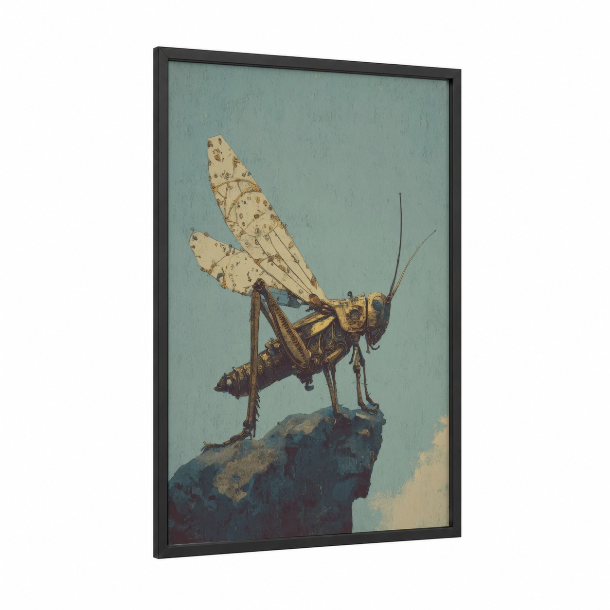 Cliff Grasshopper framed art print — black wood frame — dove gray and cream palette