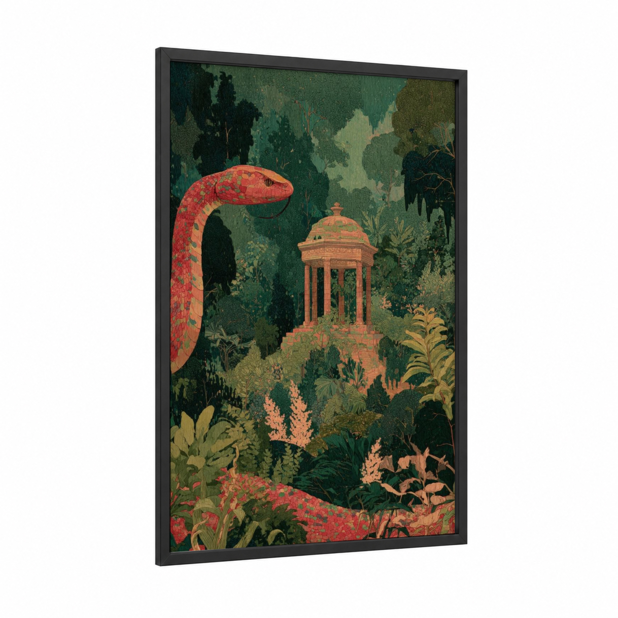 Crimson Cobra Garden framed art print — black wood frame — dark green and red palette