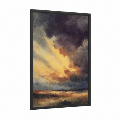 Dramatic Storm Sunset framed art print — black wood frame — gold and gray palette