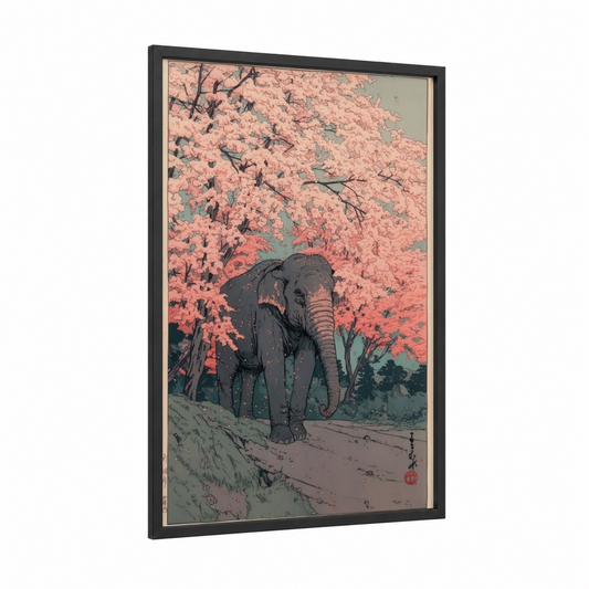 Blossom Elephant framed asian elephant print — black wood frame — salmon pink and sage green palette