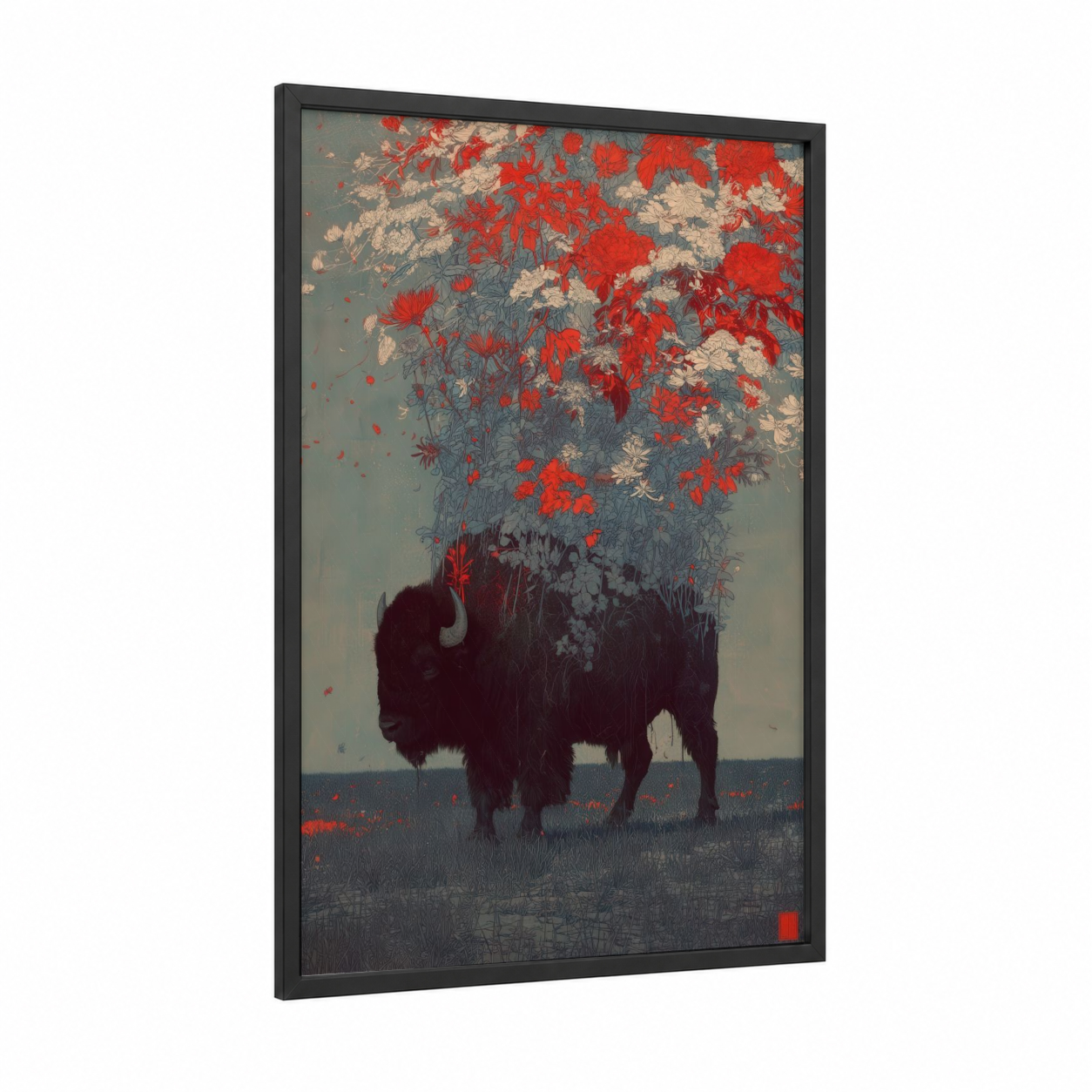 Autumn Bison framed art print — black wood frame — red and gray palette