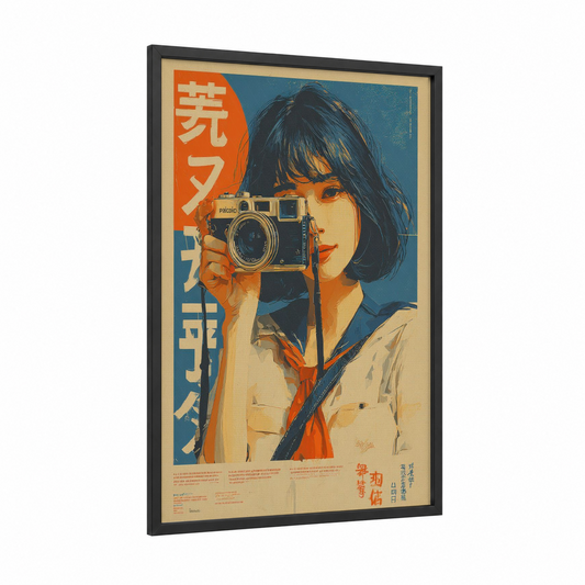 Camera Girl Vintage framed vintage japanese ads print — black wood frame — orange and teal palette