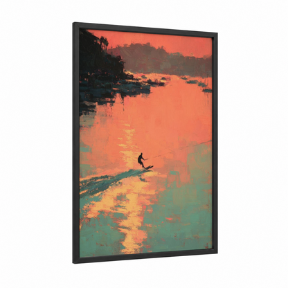 Sunset Skier framed water skiing print — black wood frame — orange and teal palette
