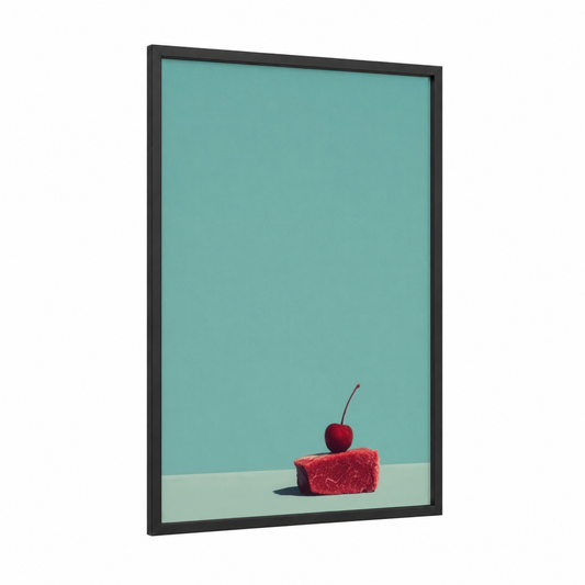 Crimson Meat Stack framed art print — black wood frame — turquoise and red palette