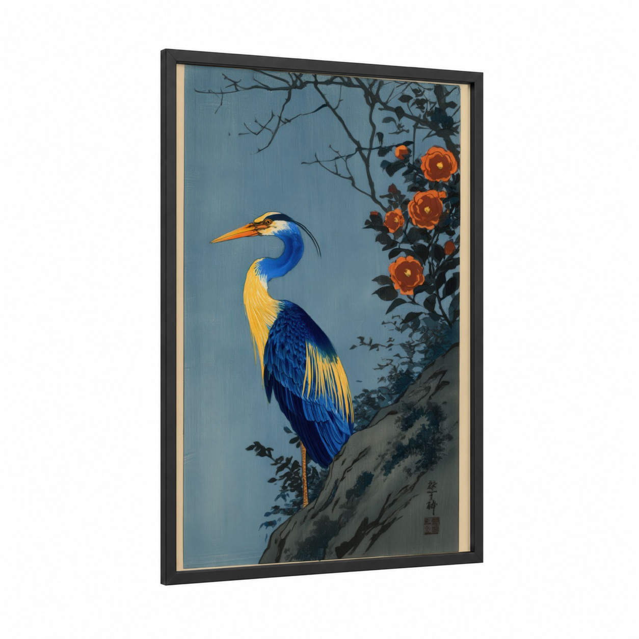 Blue Heron Blooms framed art print — black wood frame — blue and gold palette