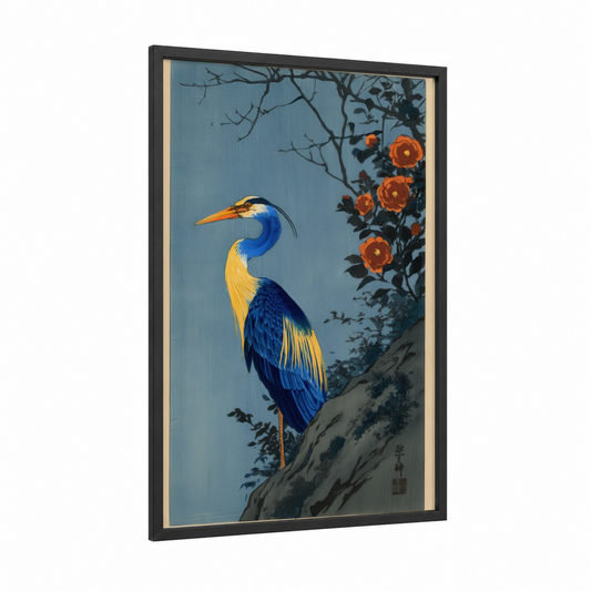 Blue Heron Blooms framed art print — black wood frame — blue and gold palette