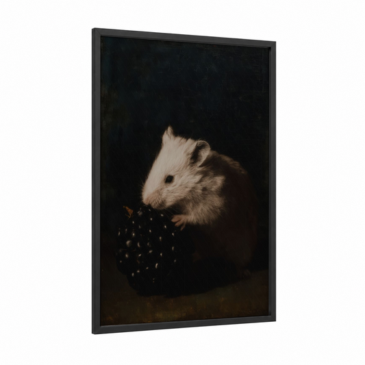Pearl Hamster framed art print — black wood frame — black and white and gold palette
