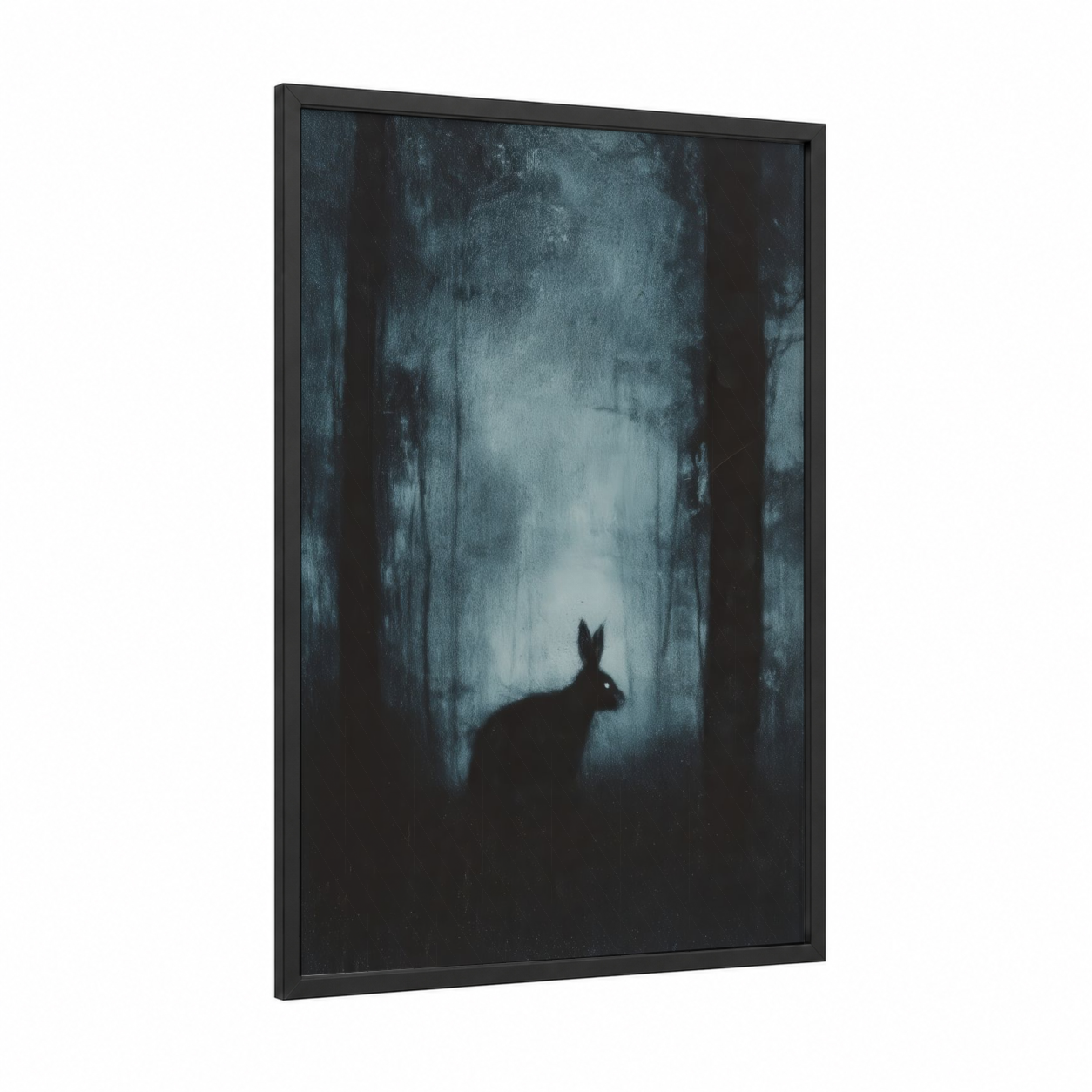 Misty Forest Rabbit framed art print — black wood frame — dark blue and black palette