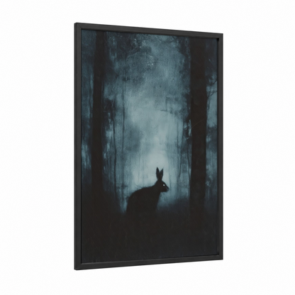 Misty Forest Rabbit framed art print — black wood frame — dark blue and black palette