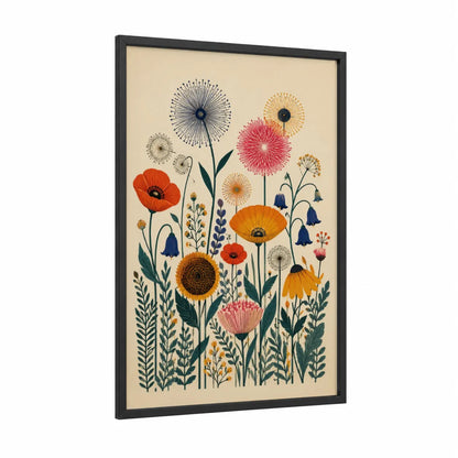 Botanical Garden Meadow Wall Art framed flower print — black wood frame — orange and beige palette