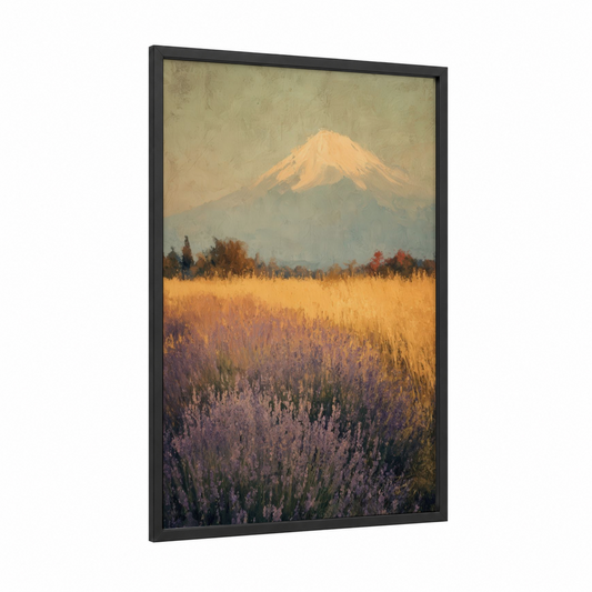 Golden Mount Fuji framed art print — black wood frame — gold and cream palette