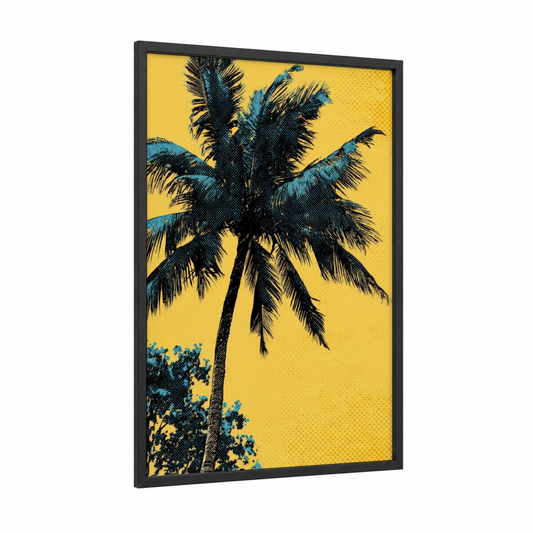 Tropical Palm Silhouette framed palm tree print — black wood frame — yellow gold and black and blue palette