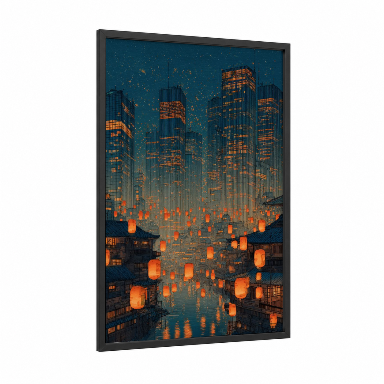 Luminous Urban Dreams framed dreamscape print — black wood frame — teal and orange palette