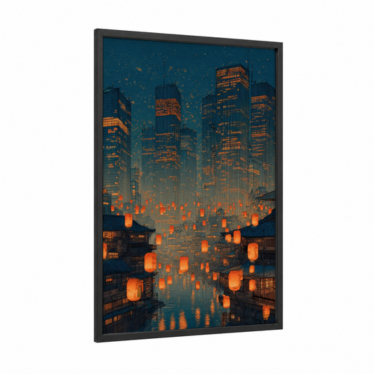 Luminous Urban Dreams framed dreamscape print — black wood frame — teal and orange palette
