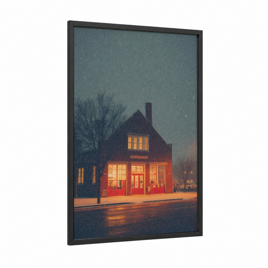 Snowy Fire Station framed art print — black wood frame — gold and blue and gray palette