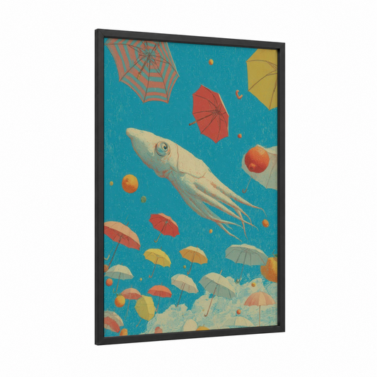 Whimsical Squid framed art print — black wood frame — teal and gold palette