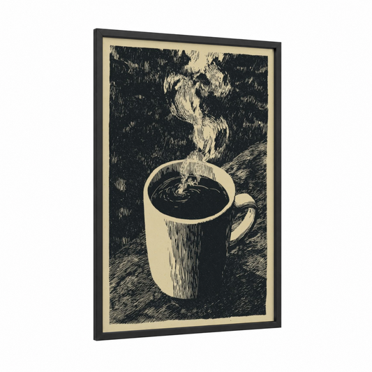 Steaming Coffee Ritual framed art print — black wood frame — black and white and cream palette