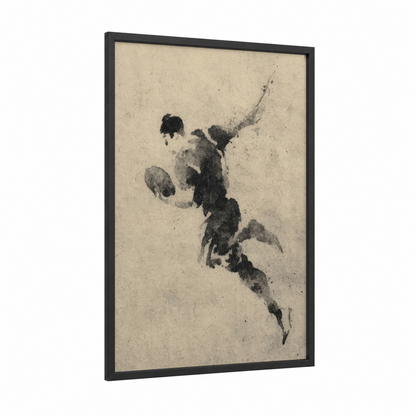 Dynamic Rugby Player framed art print — black wood frame — black and white and cream palette