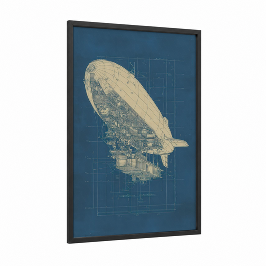 Steampunk Airship Blueprint framed art print — black wood frame — dark blue and cream palette