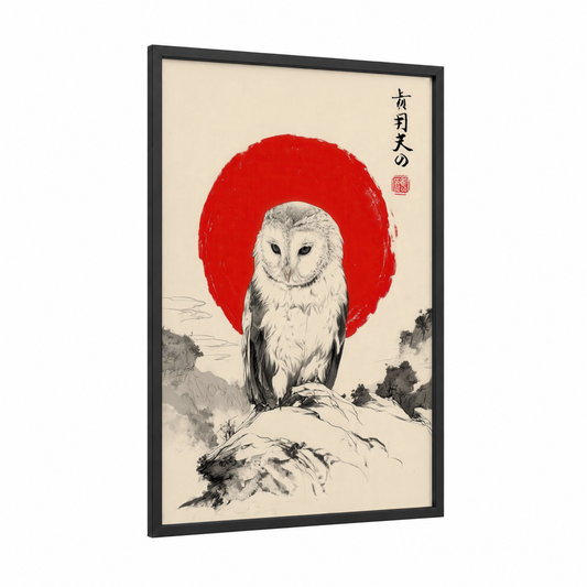 Crimson Moon Owl framed art print — black wood frame — red and black and white palette