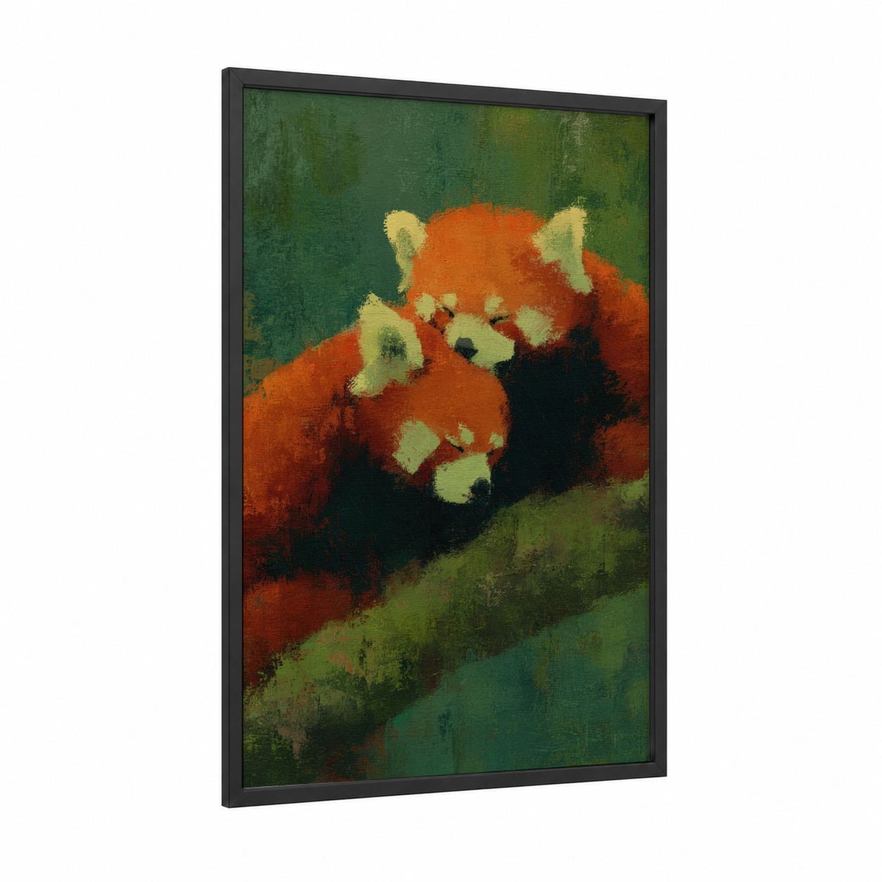 Cuddling Red Pandas framed animals in love print — black wood frame — green palette