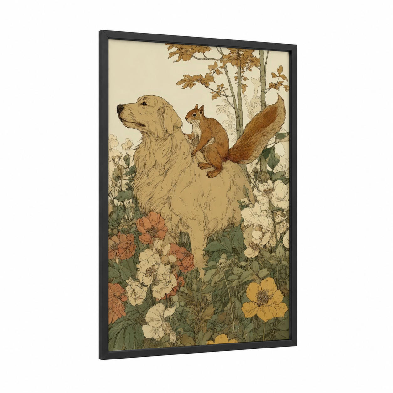 Garden Companion framed horseback print — black wood frame — cream and olive palette