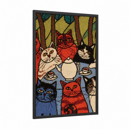 Tea Party Cats framed art print — black wood frame — red and gold palette