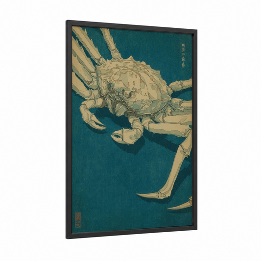 Teal Crab Specimen framed art print — black wood frame — teal and cream palette