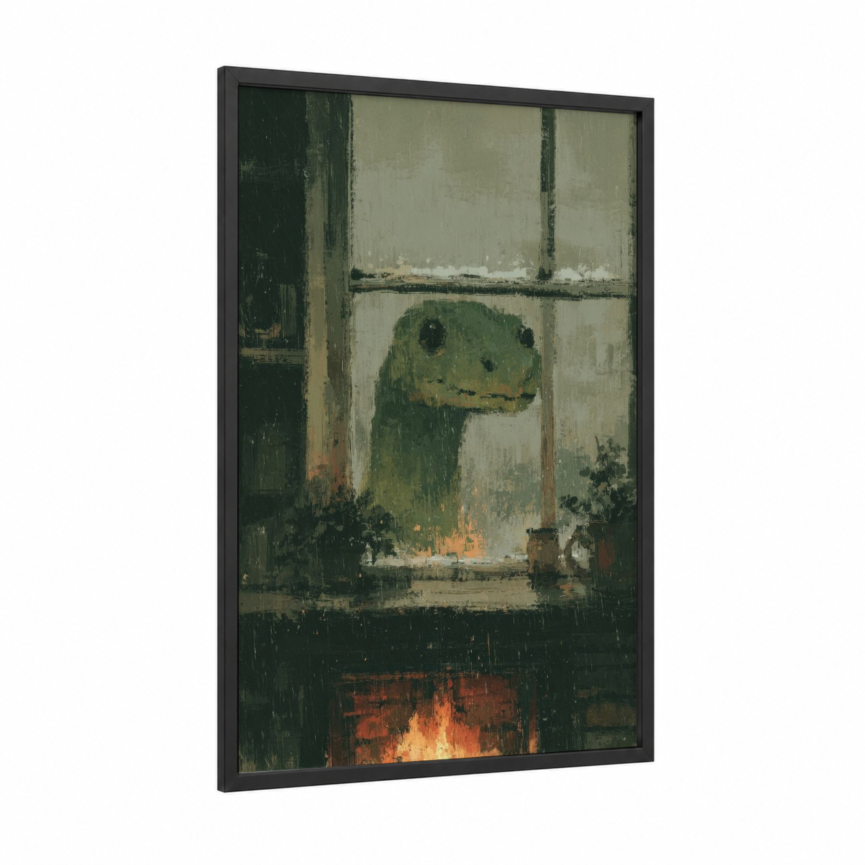 Window Watcher framed loch ness monster print — black wood frame — sage green and brown palette