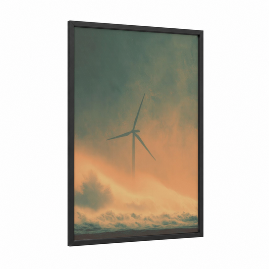 Misty Turbine Sunrise framed wind turbine print — black wood frame — peach and dove gray palette