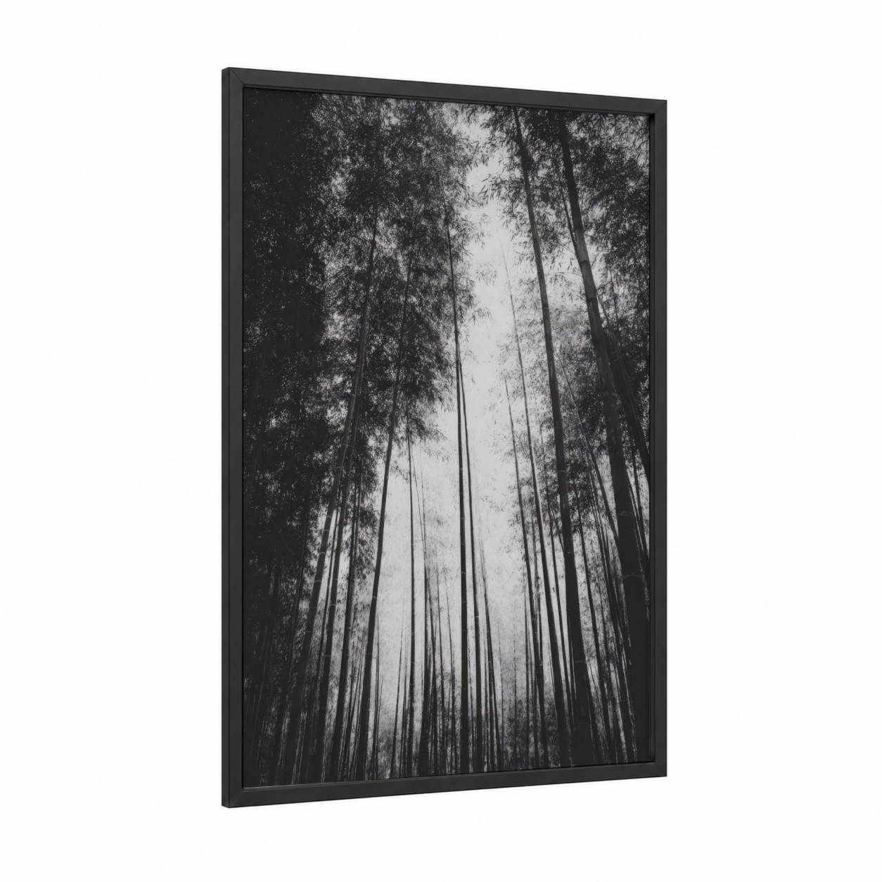 Misty Bamboo Grove framed bamboo jungle print — black wood frame — black and white palette